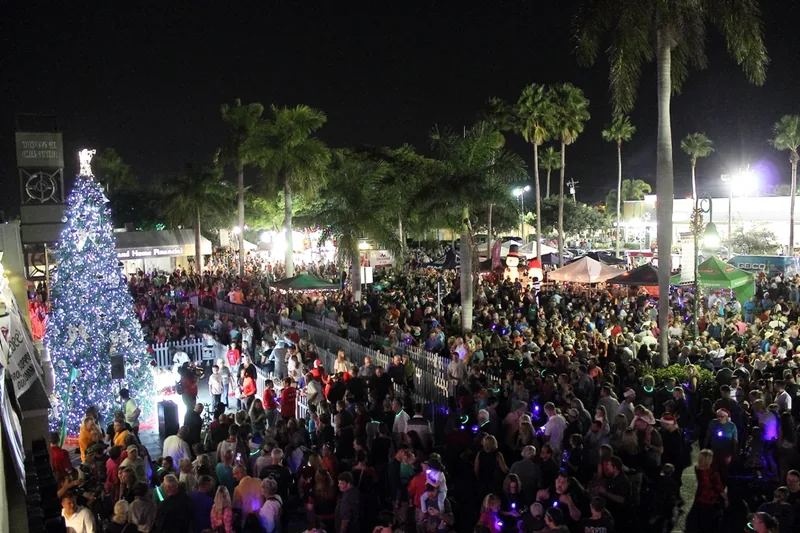 Crowd gathered at night around a lighted Christmas tree at the Cape Coral Holiday Festival of Lights