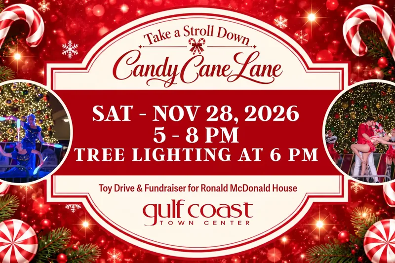 Candy Cane Lane tree lighting event graphic from Gulf Coast Town Center