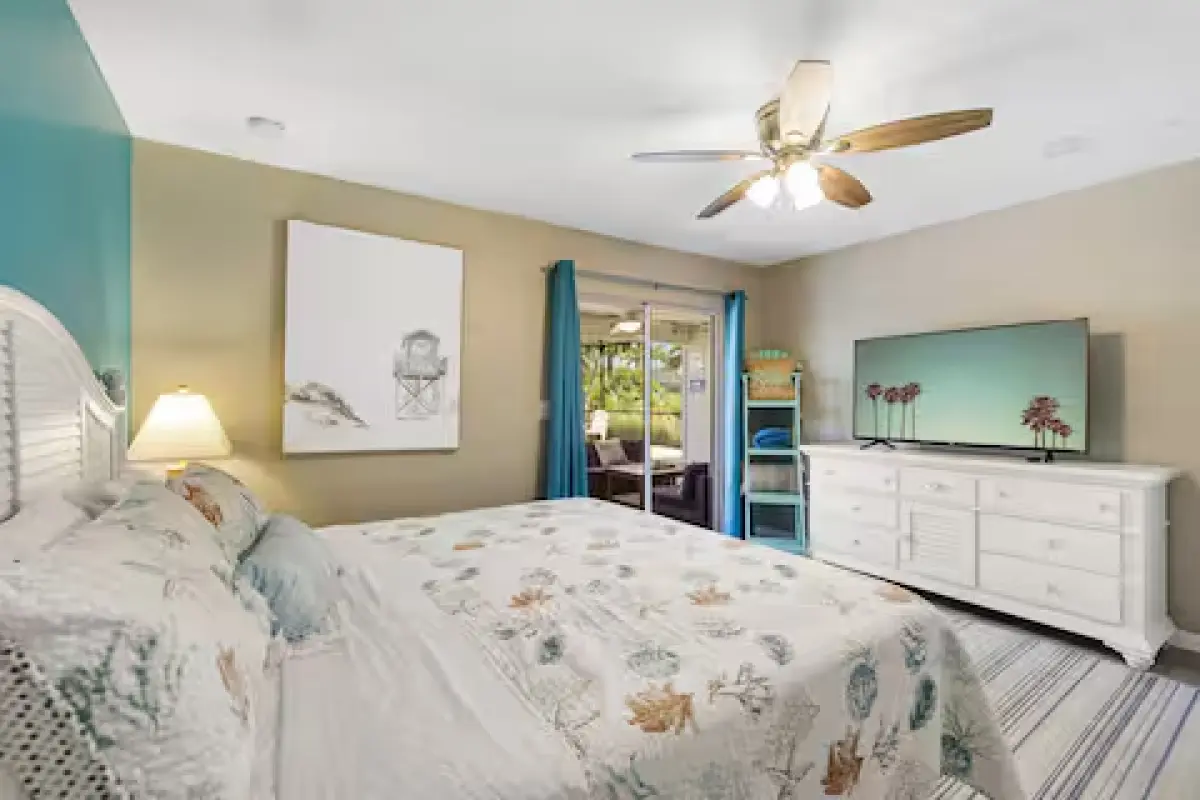 Bedroom with coastal decor and natural light