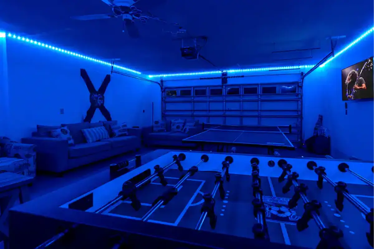 Game room with LED lighting at night