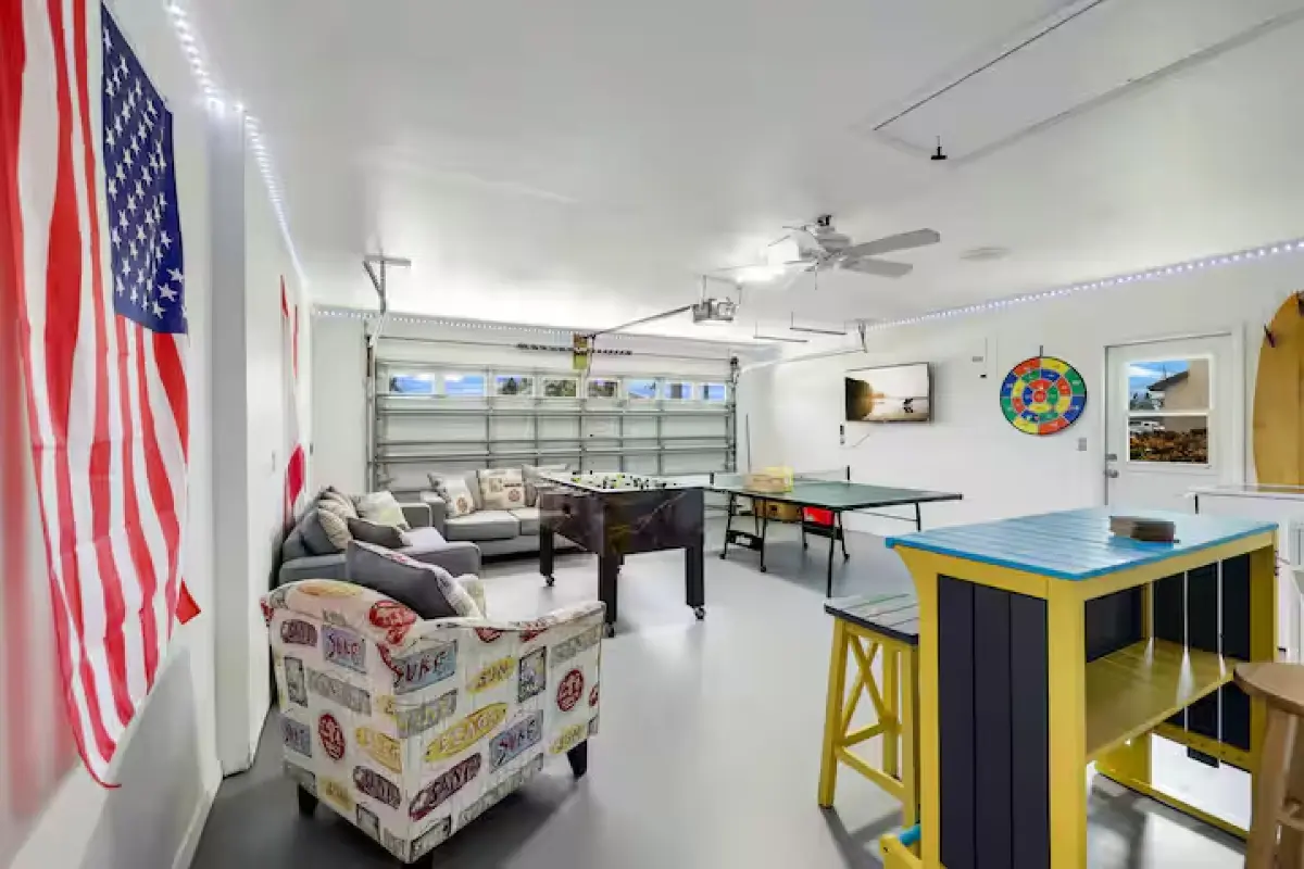 Game room with foosball and seating