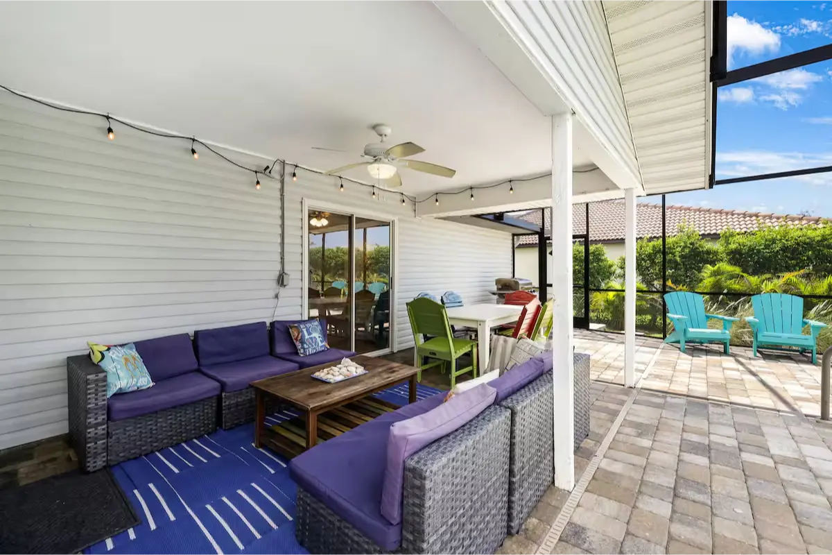 Covered lanai seating area outside